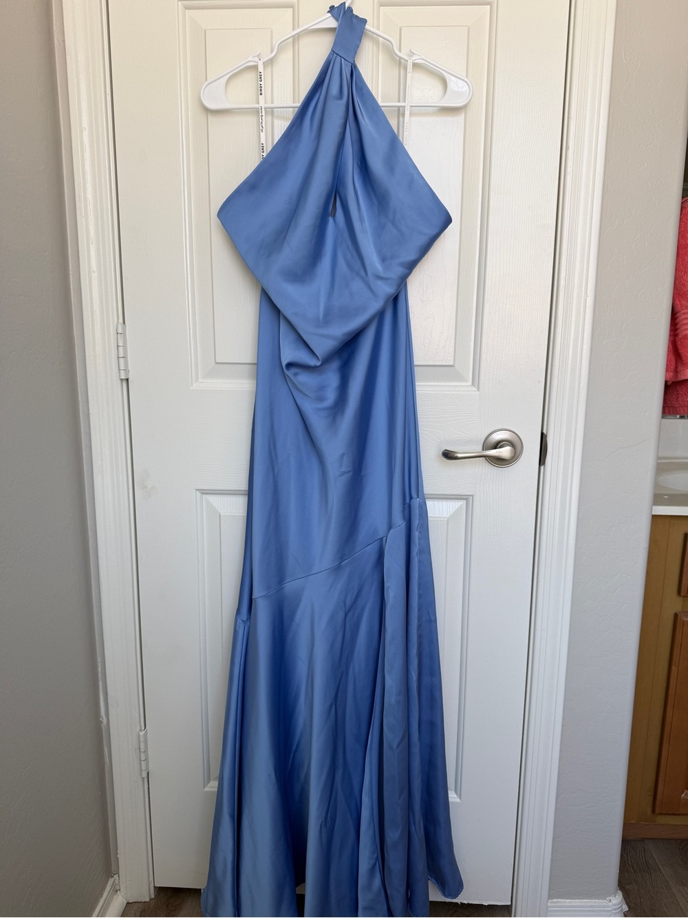 Birdy Grey One-Shoulder Satin Gown in Slate Blue